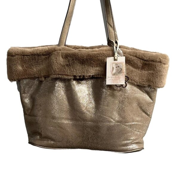 Jessica Simpson Purse Tote Flora‎ Fur Lined Metallic Handbag Matching Wallet - Picture 2 of 13